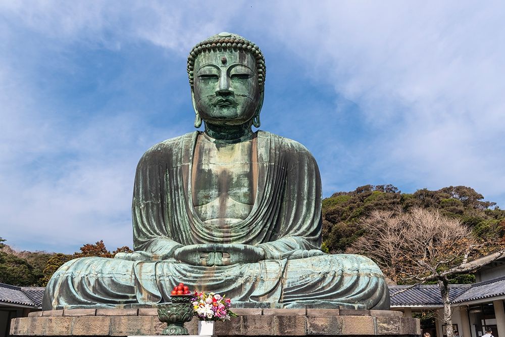 The Great Buddha-Daibutsu-offerings in front-blue sky above in Kamakura-Japan art print by Sheila Haddad for $57.95 CAD